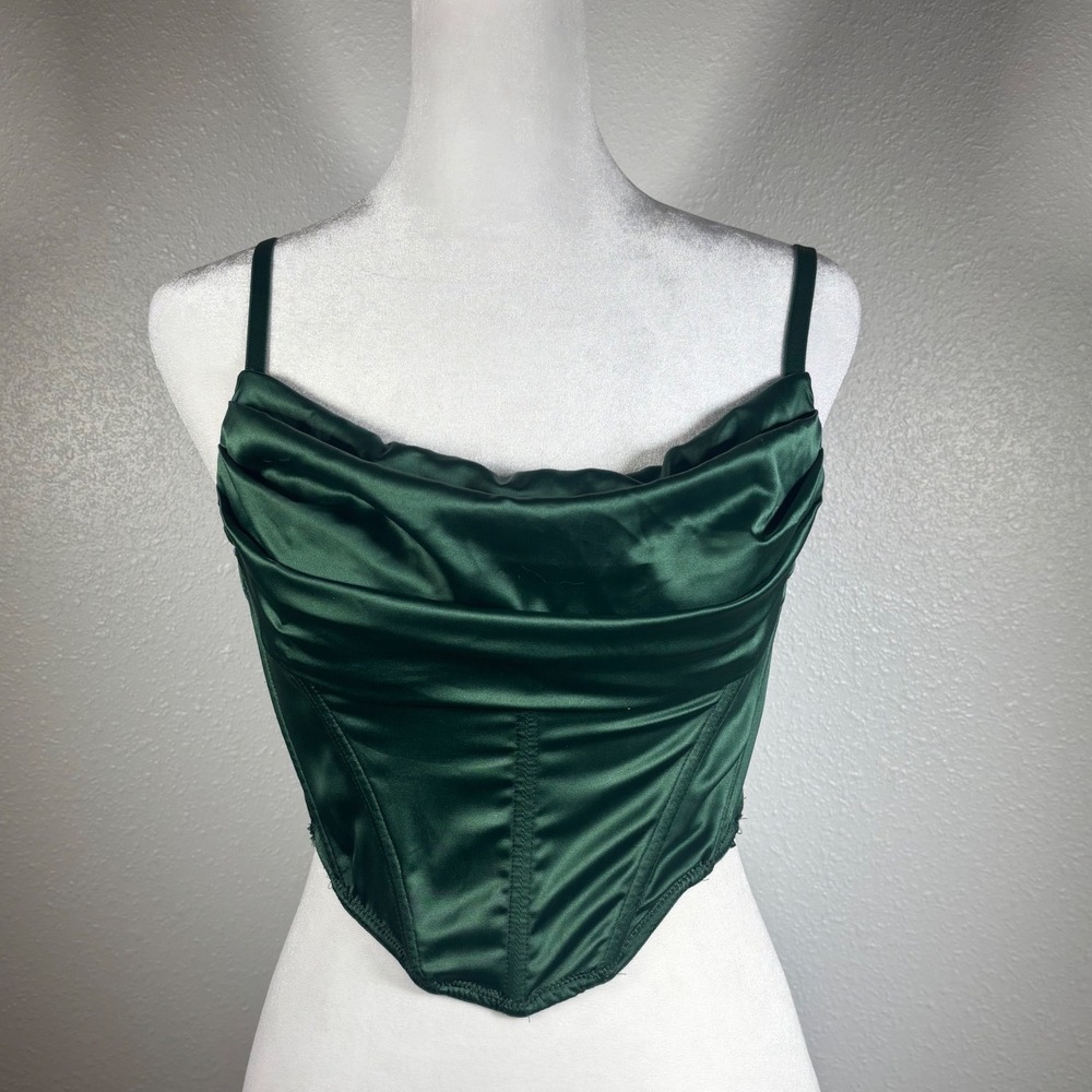 Festive Christmas Bustier Corset Satin Cowl Neck Top Green XS Urban Outfitters